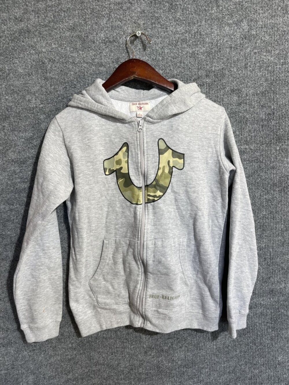 True Religion Hoodie Sweatshirt Boys Large Gray Camo Horseshoe Full Zip Youth